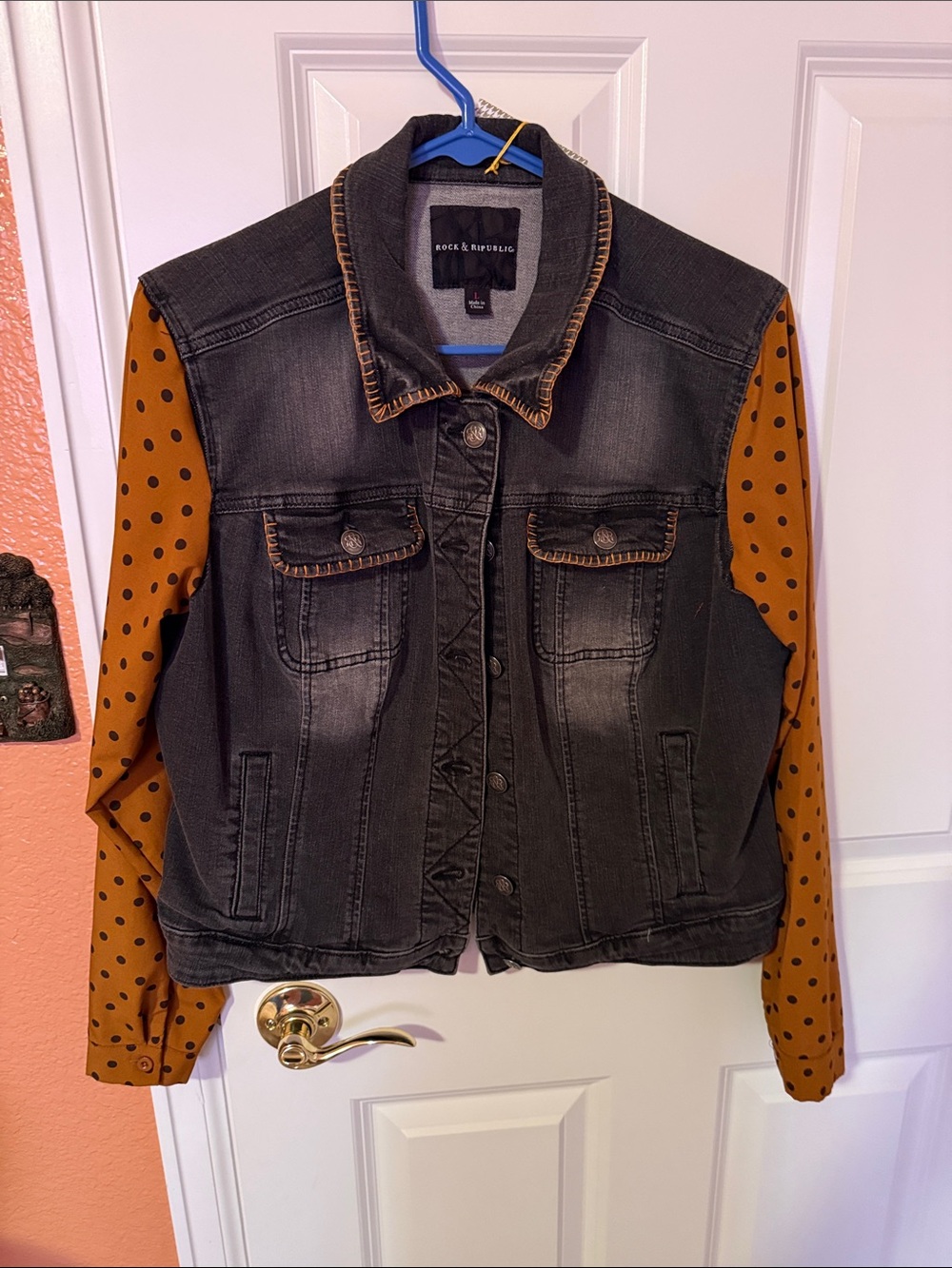 Rock & Republic Black Denim Jacket - re-imagined with Rust Polk-Dot Sleeves
